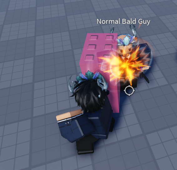 A player landing a hit on an NPC named Normal Bald Guy, with an explosion hit effect