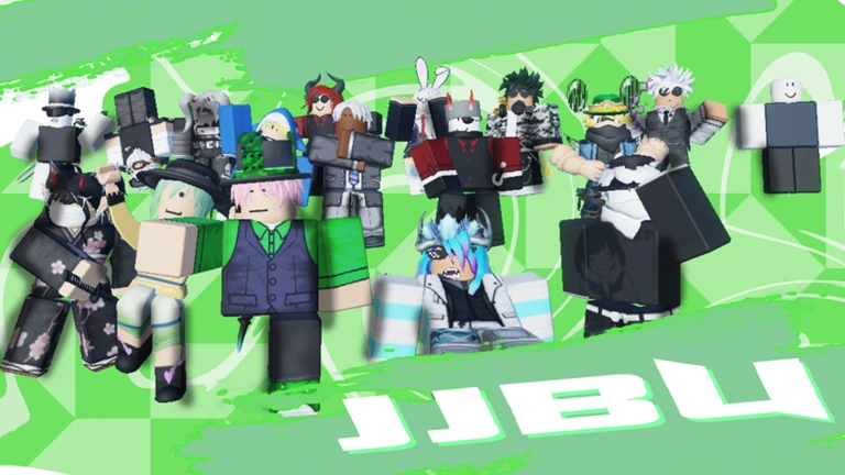 JJBU game thumbnail showing a crowd of player avatars over a green checkered background