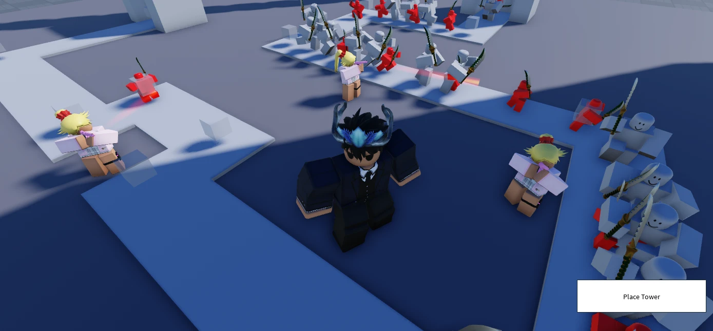 A tower defense map with hundreds of sword-wielding enemies marching along a path and a Place Tower button